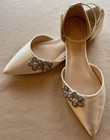 Kailee P  Bella  7 5  Ivory Satin Pointy Toe Flats Rhinestone Chassia Flowers 