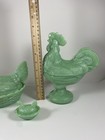 Set Of 3 Jadeite Glass Hen On Nest  Rooster On Nest  And Mini Hen On Nest