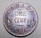 Canada One Cent 1936 George V Canadian 1c Copper Coin Unc Rb Uncirculated Km 28
