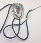 Vintage W Douglas Navajo Sterling Silver Turquoise Coral Bolo Tie  3  X 2 