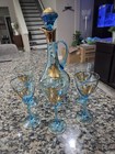 Vintage Mcm Decanter   Glass  Bohemian Teal Blue Gold Hungarian Stunning