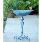 Iron Pedestal Birdbath W little Bird Detail In Antique Blue
