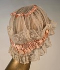 Most Victorian 19th C Floral Valenciennes Lace Bonnet W Silk   Rosette Trim