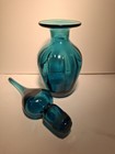 Vintage Mid Century Modern Pinched Hand Blown Decanter Turquoise Flame Stopper