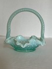 Fenton Aqua Opalescent Diamond Lace Basket Twisted Handle Ruffled Edge Teal Vtg