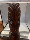 60s Vintage Maori Tiki Statue Carved Wood Paua Shell Eyes New Zealand Tribal Art