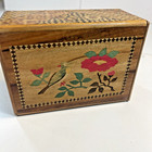 Japanese Inlaid Wood Puzzle Box Mt  Fuji Scene Floral Marquetry Japan Vtg