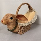 Antique Vtg Pram Rabbit Bunny Head Wicker Basket Large Xl Lace Glass Eyes
