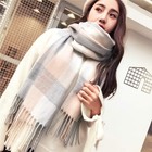 Womens Oversized Plaid Blanket Scarf - Soft Warm Tartan Shawl Wrap  Beige grey