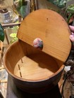 Round Wooden Antique Sewing Box With Hinged Lid  Floral Hand-painted Top  Brown
