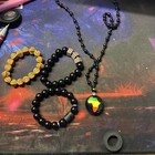 Vintage African Red  Green And Yellow Glass Pendant W black Glass Beads   More 