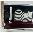 American Flag Glass Desk Set With Pen   Wood Base New In Box