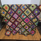 Vintage Granny Square Afghan Crochet Throw Brown Boho Retro Blanket