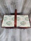 Vintage Fold Out Accordion Style Wooden Sewing Box Padded Tapestry Top