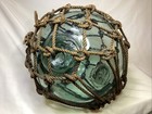 Vintage Green Japanese Glass Fishing Float With Full Netting Hokuyo Hallmark