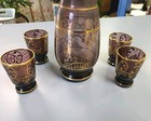 Vintage Etched Glass Decanter W  Stopper   5 Low Finger Shot Glass Set