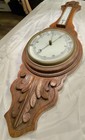 Rare Antique Victorian Carved Oak Aneroid Barometer  Working W  Porcelain Dial 