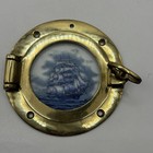 Vtg Rare Solid Brass Porthole W Sailing Ship On Clear Glass Nautical Decor