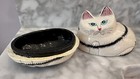 Vintage Blue Eyed White W  Black Stripes Fat Cat Figurine Doubles As A Box