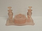 Vintage Frosted Pink Satin Hand Painted Glass Vanity Set Perfume Bottles Powder