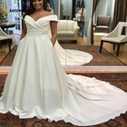 Off Shoulder Plus Size Wedding Dresses V-neck Pleats Satin Bridal Gowns Chapel