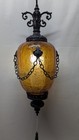 Vintage Amber Crackle Glass Hanging Swag Lamp Lighting Mid Century Retro Chain