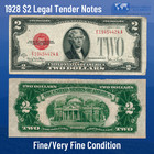    One 1928 Red Seal  2 Legal Tender Notes  F vf  Old Us Two Dollars Bill