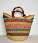 Lg African Basket Ghana Bolga Woven Market Shopper Tote Handmade Leather Handles