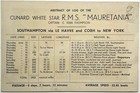 1950 Cunard White Star Rms Mauretania Abstract Logcard Southampton Le Havre Cobh