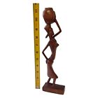 Wooden Tribal Woman Figure African Hand Carved Sculpture Carrying Jug Ethnic Vtg