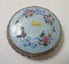 Vintage Compact Blue Guilloche Enamel Pink Roses Gilt Butterfly