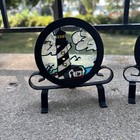 Set Of 3 Lighthouse Candle Holder Votive Tea Light Stained Glass Metal Nautical