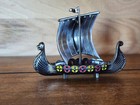 Vintage Norway Pewter Mini Viking Sail Ship With Enamel Inlayed Shields