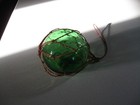 Vintage Japanese Glass Fishing Float Handblown Green W  Netting 5 In Dia Sbs