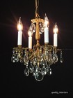 Antique 4 Arm 4 Light Swirling Nouveau Brass Cut Lead Glass Crystal Chandelier