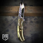 Western Ornate Wood Handle Cowboy Spring Assisted Open Pocket Knife Golden Blade