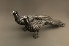 Antique Spanish 916 Gilt Sterling Silver Pheasants Pair Figurine Glass Eyes