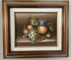 Set Of 2 Mcm Signed Oil Paintings   Still Life Grapes    Apples  On Table 