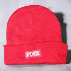 Victoria s Secret Pink 2pc Lot Red Knit Beanie Hat   Scarf White Classic Logo X2