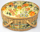 Vintage Sewing   Picnic Basket W Clear Tray - Oval Wicker Floral Tapestry Lined
