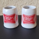 Lot Of 2 Miller Beer Miniture Stein Mug  Stoneware Shot Glasses Tavern Decor Vtg