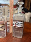 4 Antique Apothecary Bottles Glass Reverse Labels Pharmacy Jars