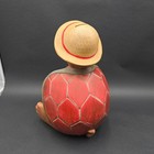 Vintage 1970s Turtle Piggy Bank Hand Painted Floral Straw Hat 12 Inch