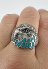 Vintage Navajo Sterling Silver Crushed Turquoise Inlay Eagle Head Stamped Ring