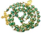 Catholic Green Crystals Beads Gold Rosary Necklace Miraculous Medal