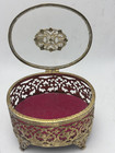 Vintage Ornate Brass Filigree Jewelry Casket Box Glass Lid Red Velvet Lined Legs