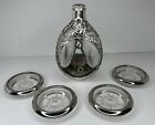 Vintage Japanese Sterling Silver Bamboo Leaf Overlay Glass Liquor Decanter Set