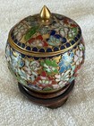 Vintage Chinese Champleve Cloisonn   Enamel Lidded Round Trinket Box W stand 