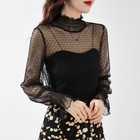 Women Sheer Polka Dot Lace T-shirt Mesh Top Flare Sleeves High Neck Blouse Party