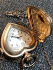 Vtg  Sarah Coventry Quartz Heart Pendant pocket Watch Faux Gem Hunter Case Runs